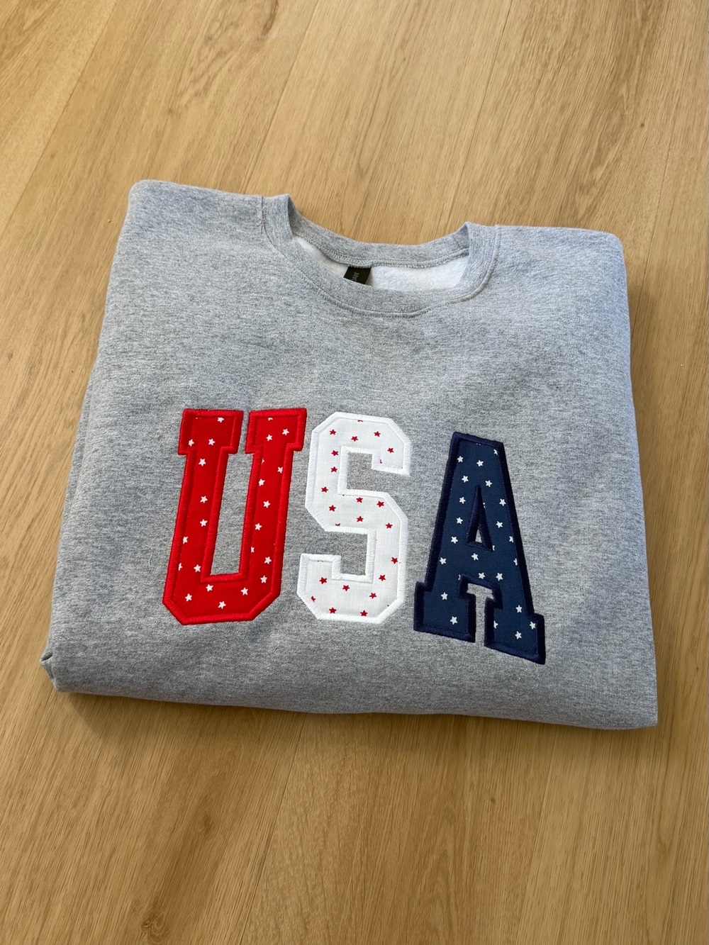 Gildan Gray Sweatshirt with Red White and Navy USA Appliqué